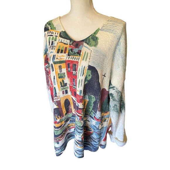 Michael Leu Sweater Size 1X Art Apparel Group Cotton Italian Scene V Neck - Picture 4 of 16